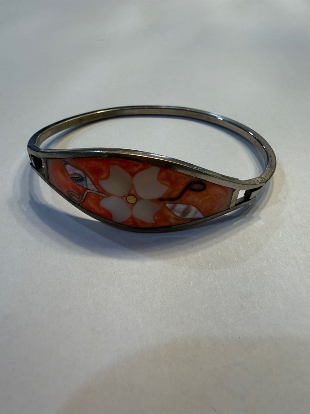 Sterling Silver Floral Orange Inlay Bangle Bracelet